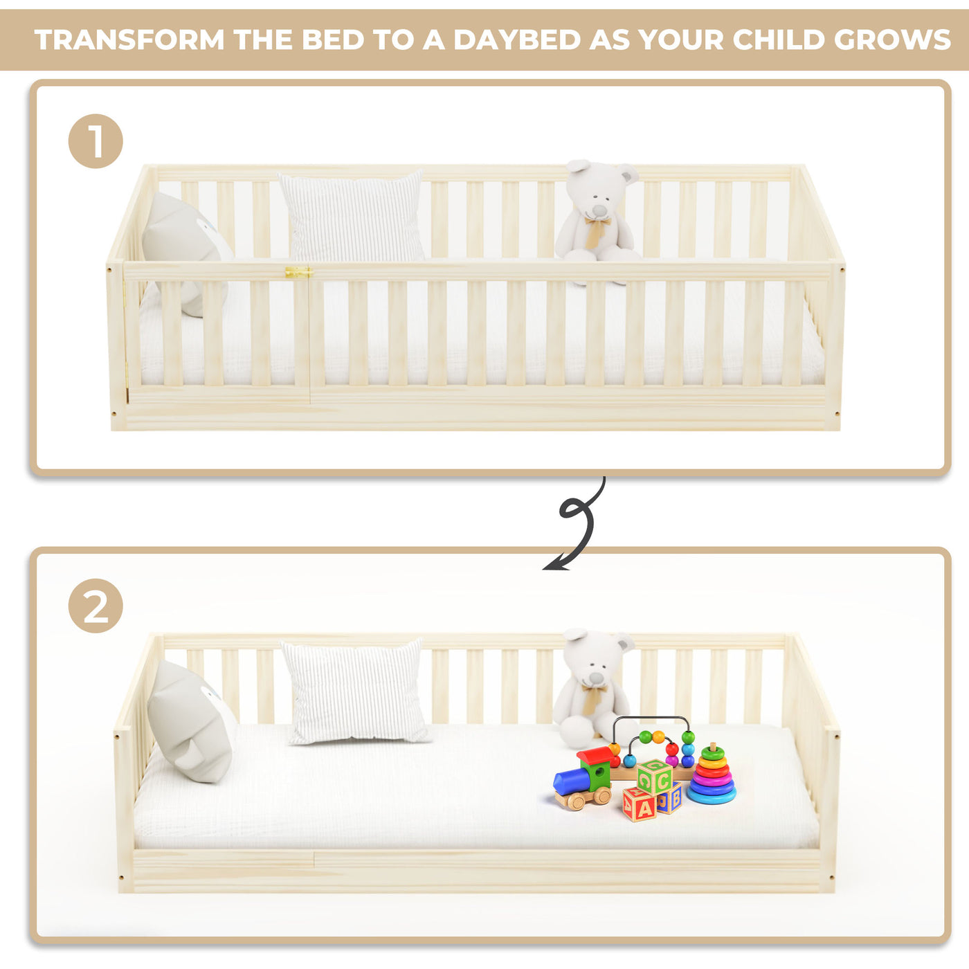 Hardwood Gianna Toddler Floor Bed with Gate Custom Kids Furniture