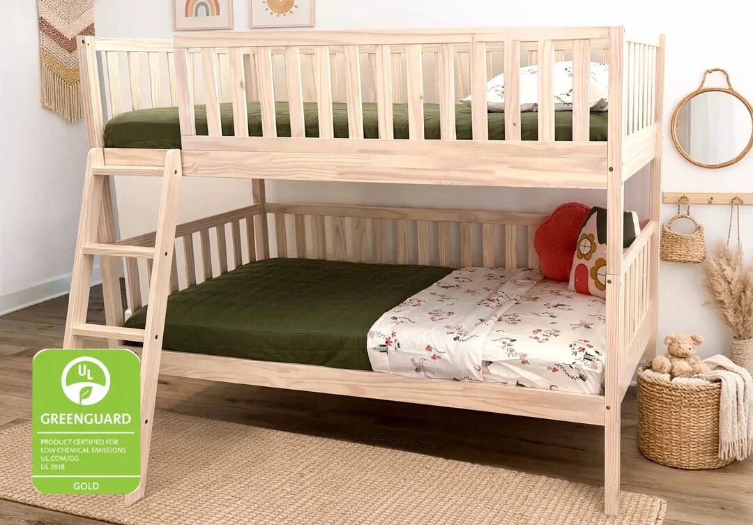 Luca Montessori Floor Bed for Toddlers converted into a Natural Twin over Twin Bunk Bed with Tilt Ladder from Custom Kids Furniture