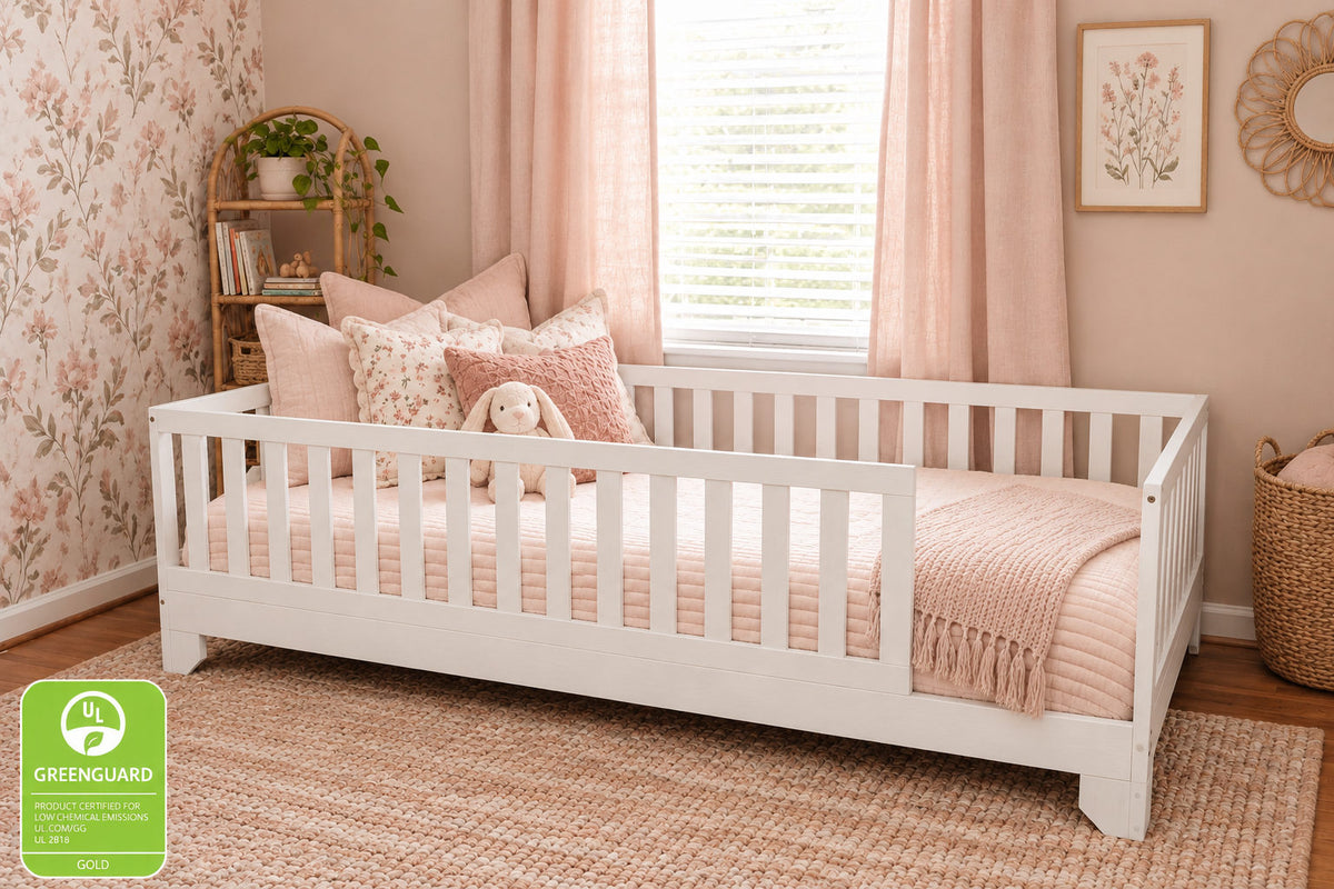 White Wooden Twin XL Floor Bed with Guard Rails and 4” Legs