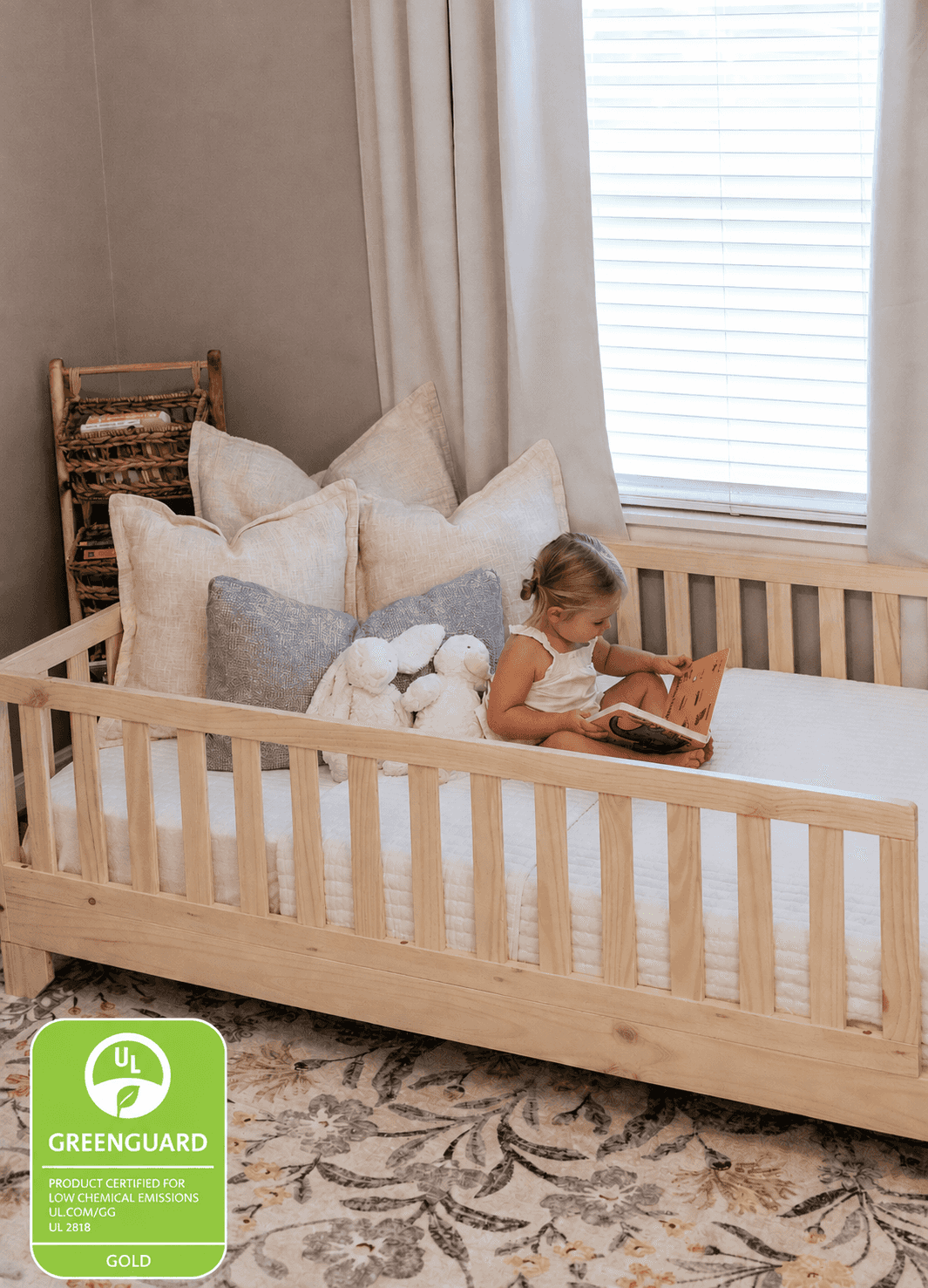 Luca Convertible Montessori Toddler Bed | Montessori bed frame in Twin XL Size showing greenguard gold certification