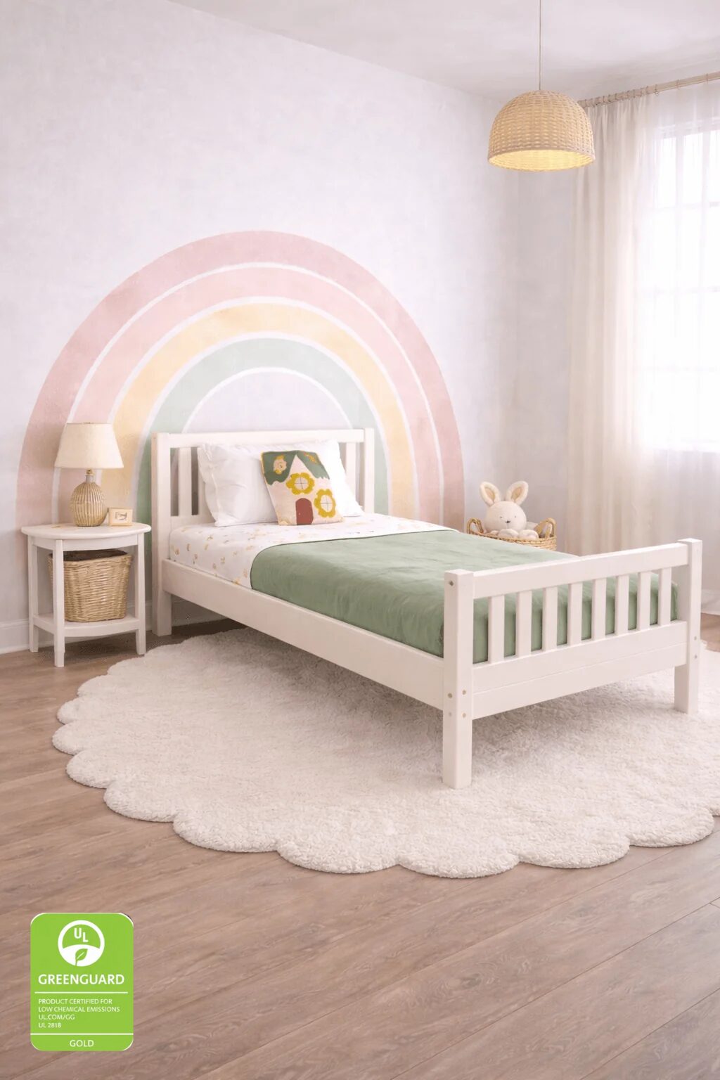 White Montessori Toddler Floor Bed Converted to Twin Bed for Girls. Greenguard Gold certified