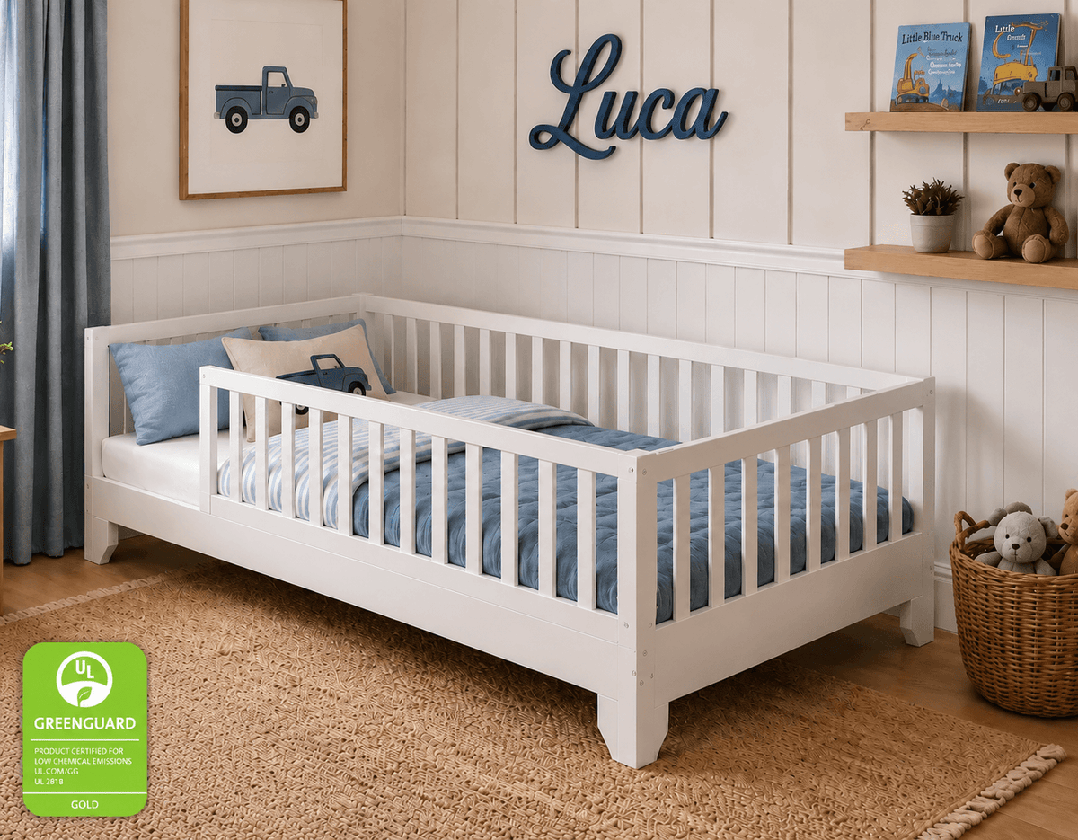 White Twin Size Montessori Floor Bed with Rails in modern, neutral toddler boys room