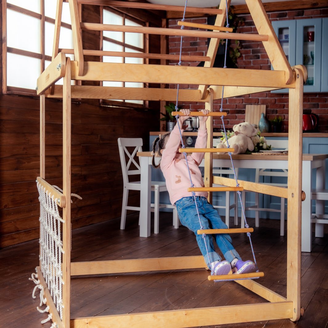 Indoor Wooden Playhouse with Triangle ladder, Slide Board and Swings Goodevas