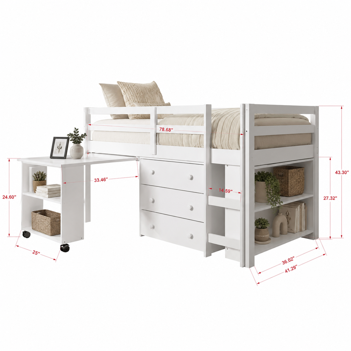 White loft bed with desk and drawers, shown with dimensions on a white background