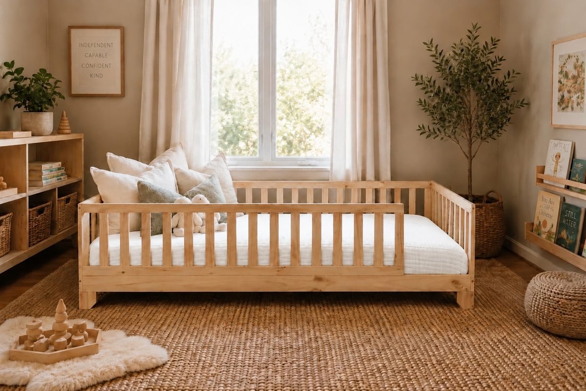 White cotton muslin comforter tucked on a natural wood Luca Montessori floor bed with guard rails