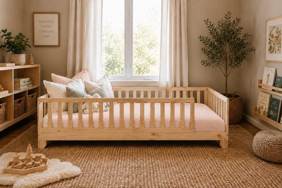 Blush pink cotton muslin comforter tucked on a natural wood Luca Montessori floor bed with guard rails