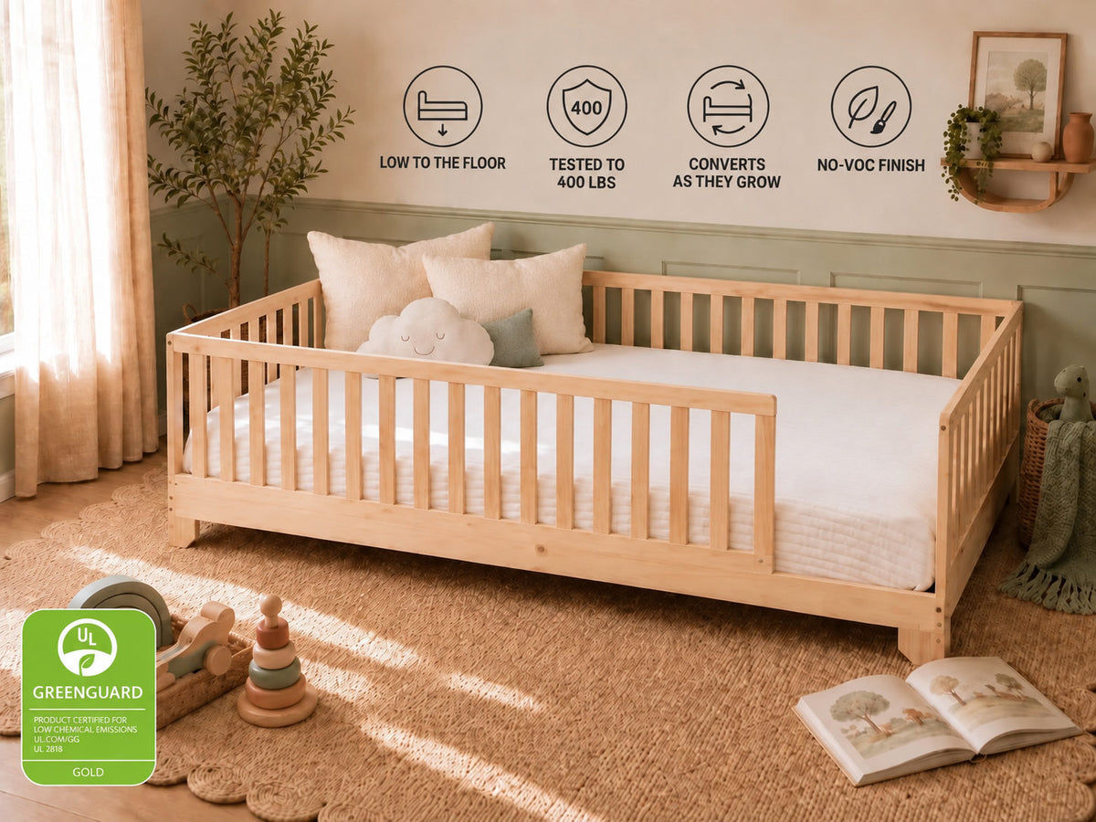 Full Bed with Rails for toddler boys or girls in a Montessori inspired bedroom with a floor bed