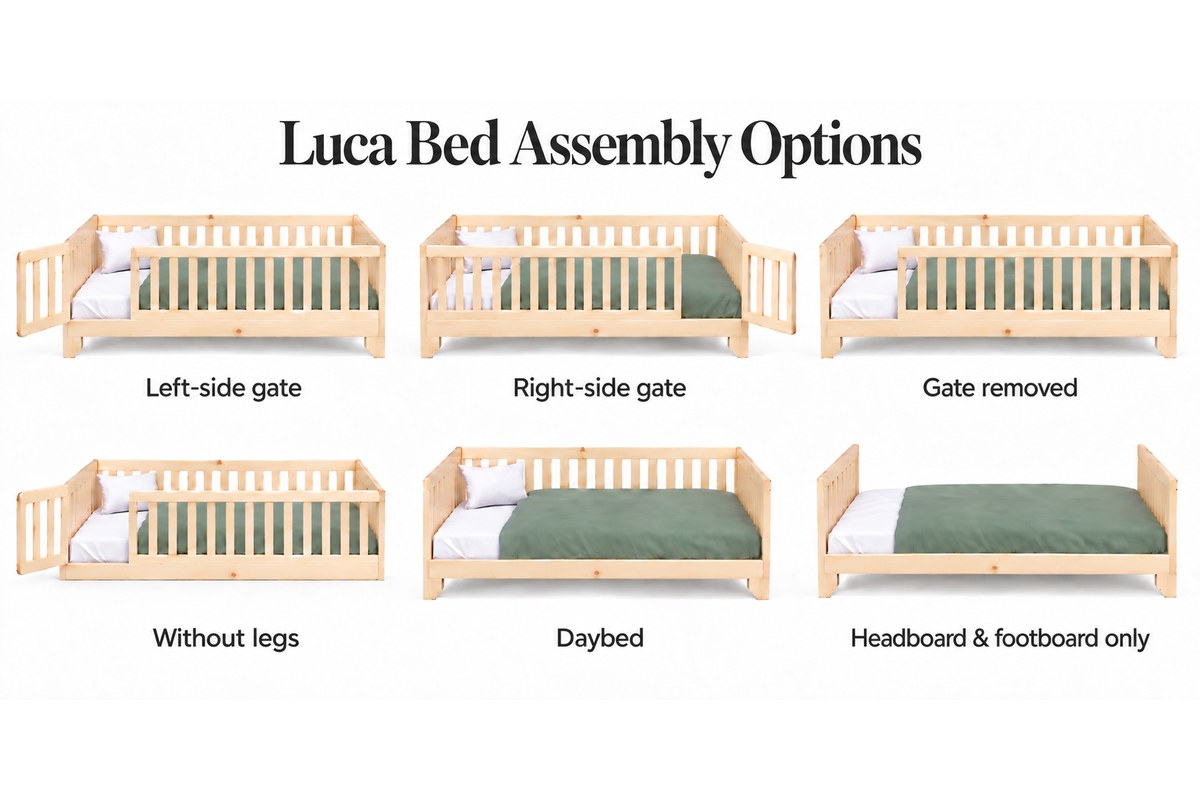 Luca Montessori twin size floor bed for toddlers with a natural finish, rails and a gate showing different assembly options