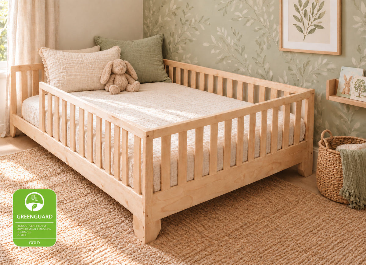 Natural Wooden Full Size Toddler Floor Bed with Rails in Simple Boho Kid's Bedroom