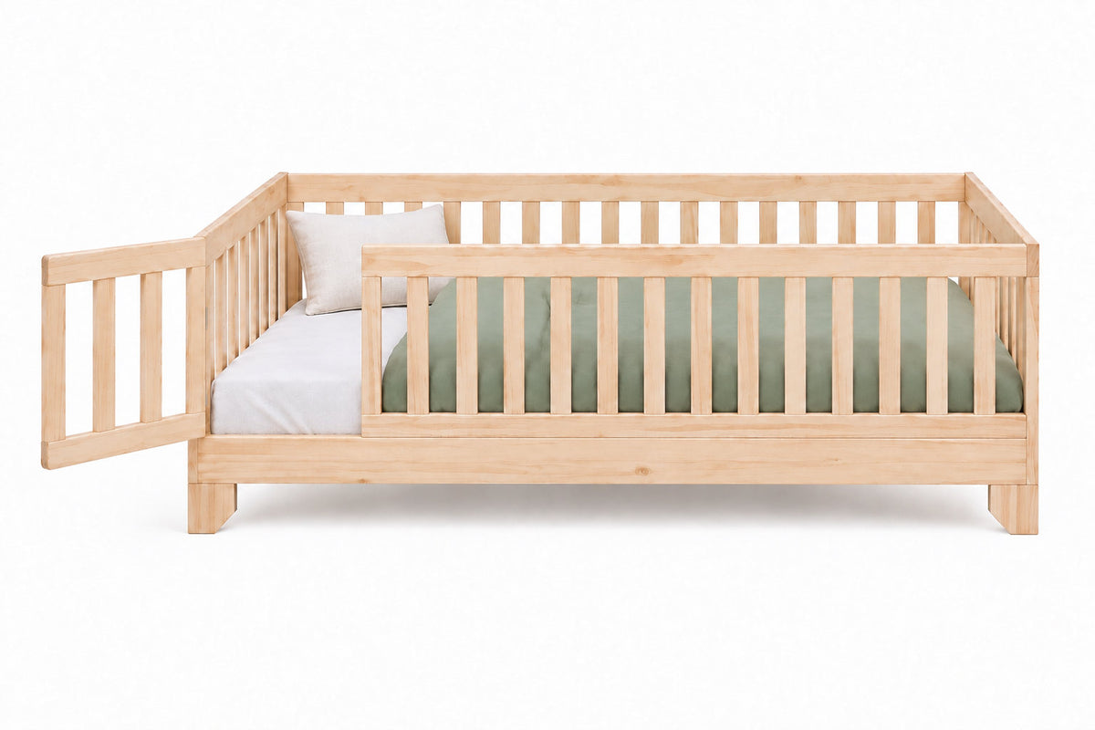 Luca twin size natural toddler floor bed with gate and guard rails