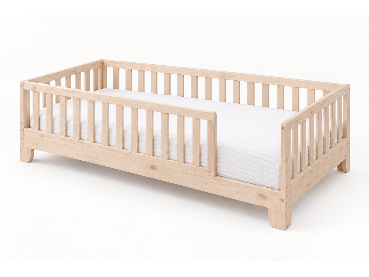 Luca natural twin Montessori floor bed with guard rails and open entry #color_natural