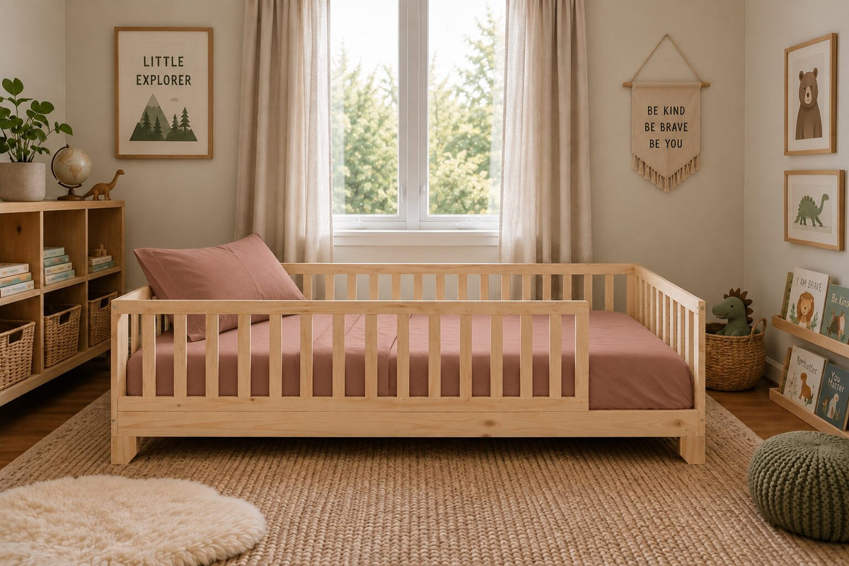 A light natural wood Montessori toddler floor bed with pink organic bedding and matching pillows, styled in a cozy, sunlit children's bedroom with a window, bookshelves, and framed wall art.