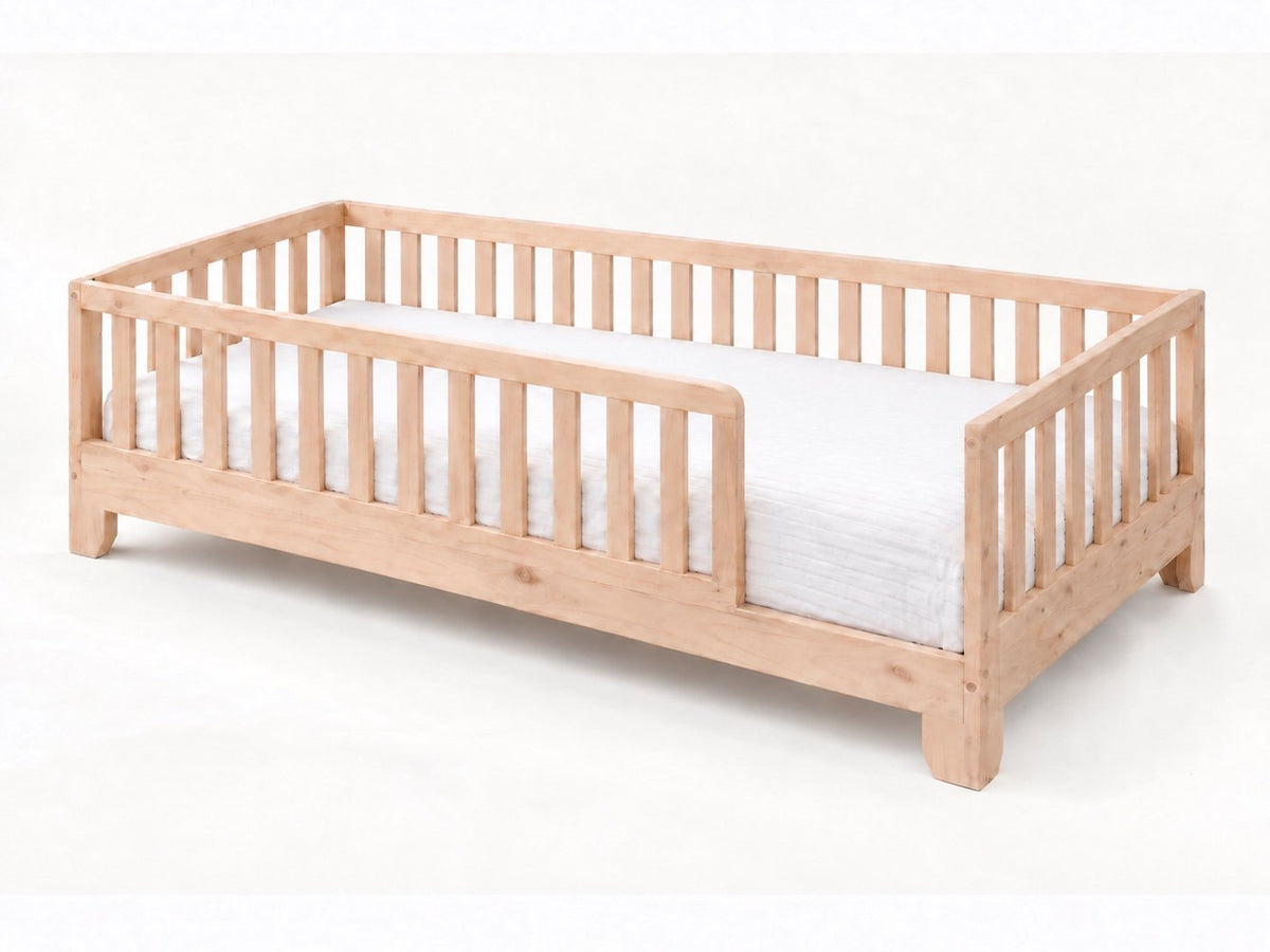Luca natural twin Montessori floor bed with guard rails and open entry #color_natural