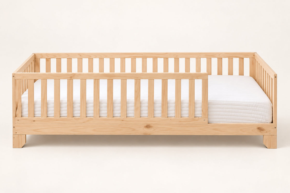 Luca twin size unfinished toddler floor bed. Montessori style bed with low open entry for the crib the big kid bed transition.