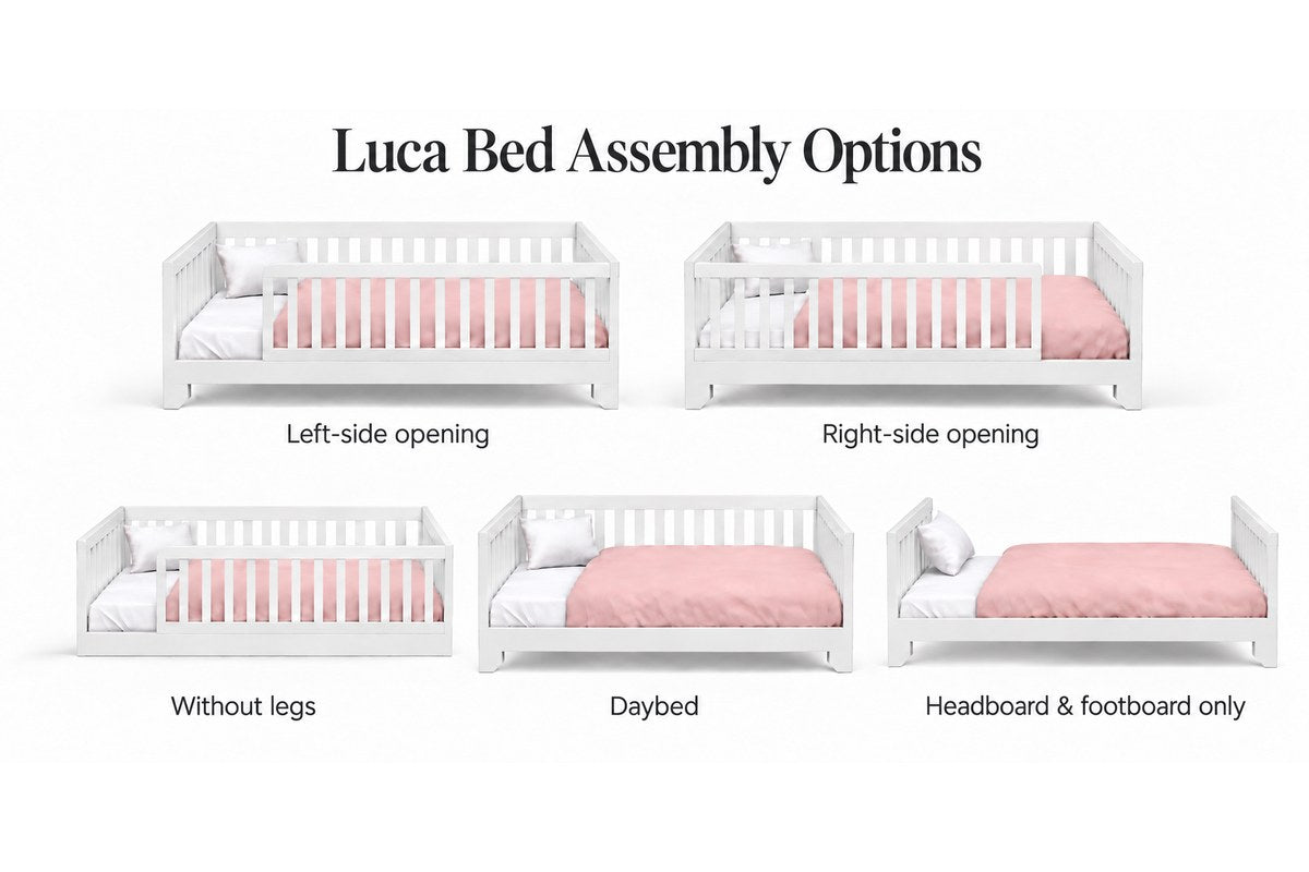 Assembly options for the Luca white Montessori toddler floor bed with rails
