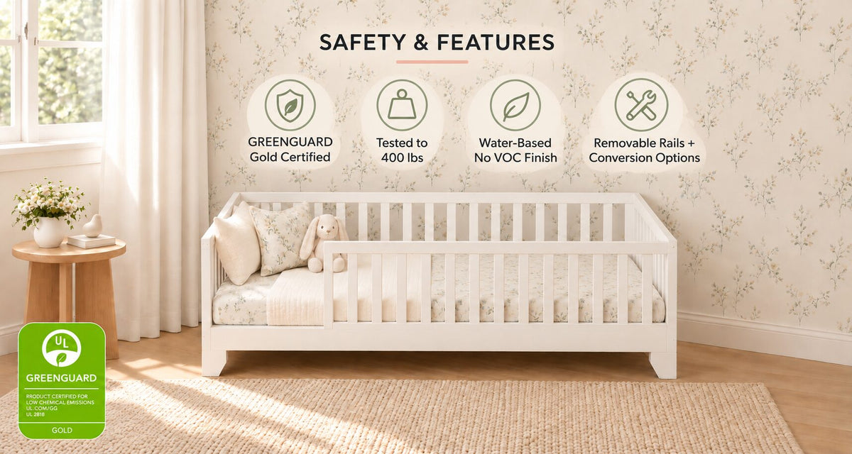 Safety and Features of the Luca white toddler floor bed with rails