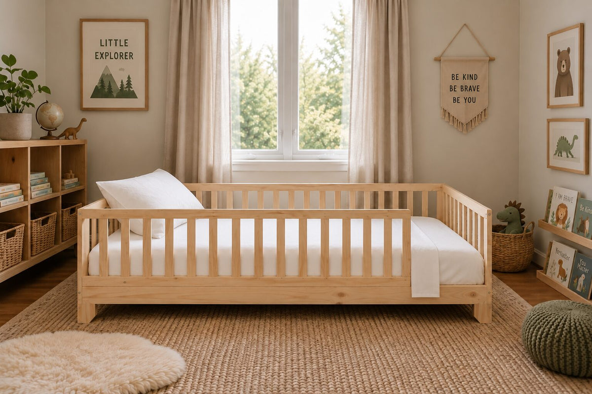 A light natural wood Montessori toddler floor bed with white organic toddler sheets and matching pillows, styled in a cozy, sunlit children's bedroom with a window, bookshelves, and framed wall art.