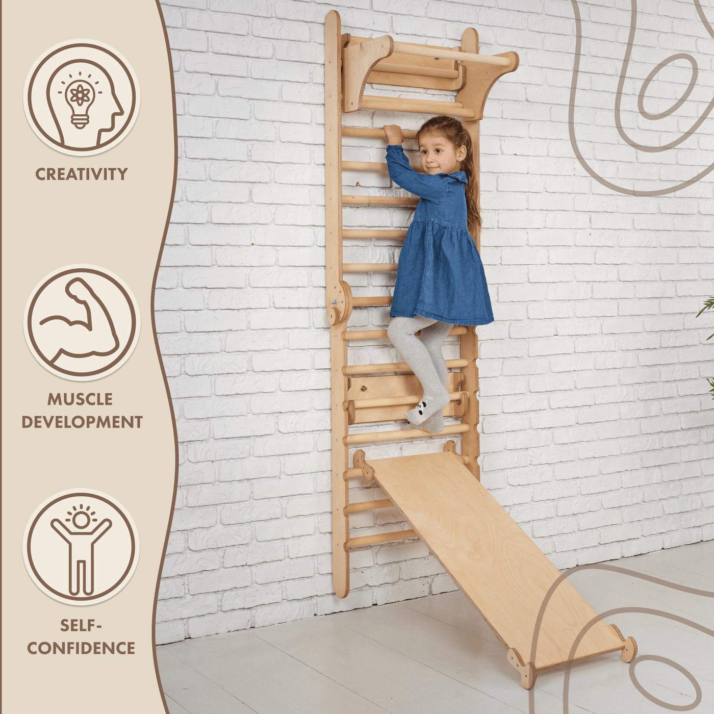 4in1 Climbing Set: Wooden Swedish Wall + Swing Set + Slide Board + Triangle Ladder Goodevas