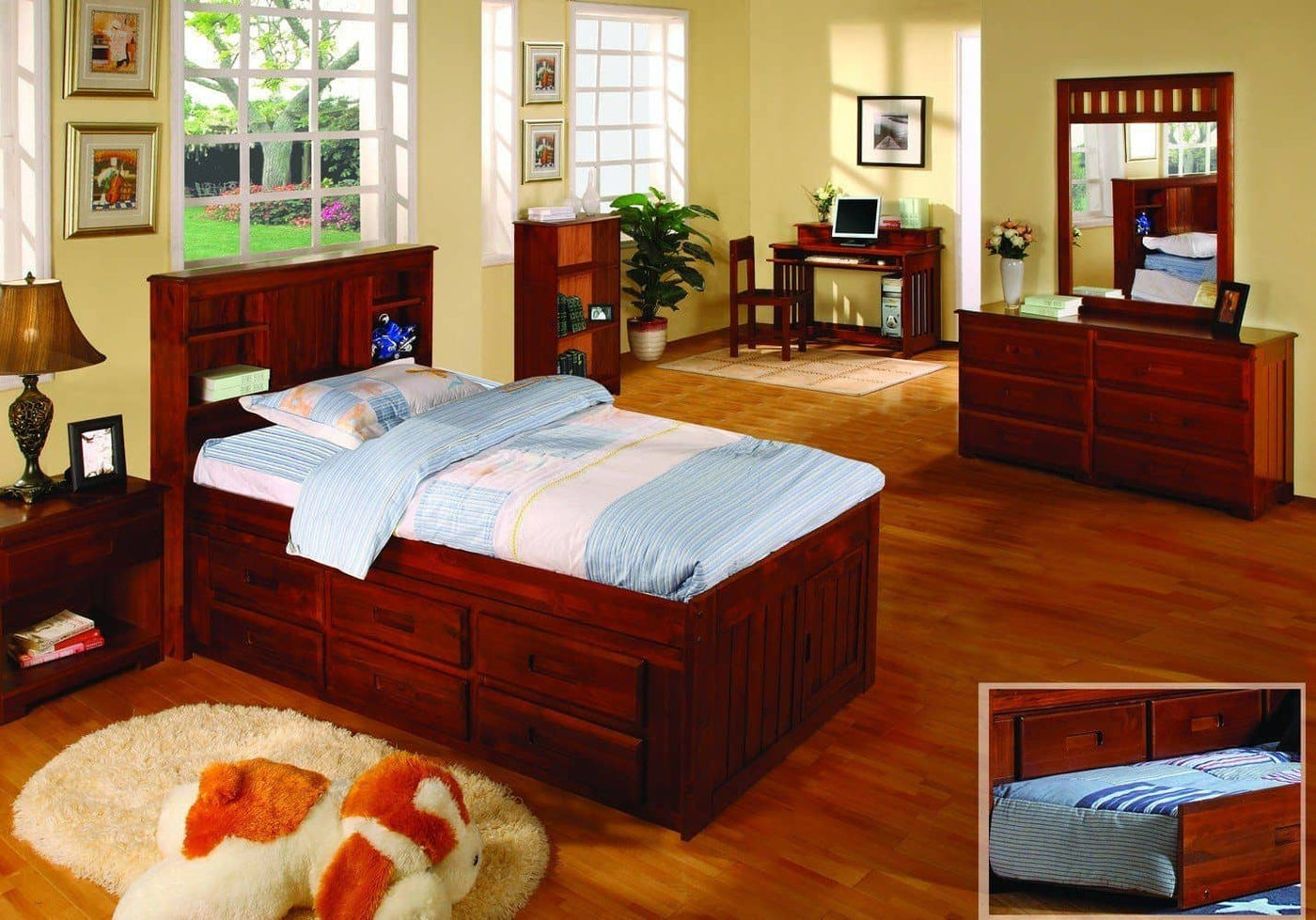 Addison Captains Bed with Three Drawers, Bookcase Headboard, and Trundle Custom Kids Furniture