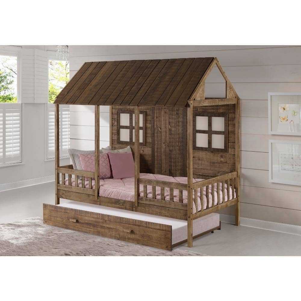 Brianna Loft Bed - Cottage Loft Bed in rustic wood finish with pink bedding and pull-out trundle, ideal for girls' bedrooms.