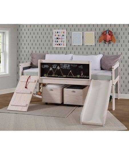 Custom Kids Furniture Oliver Low Loft Bed with Slide includes twin bed, chalkboard front, wooden ladder, slide, and rolling storage bins.
