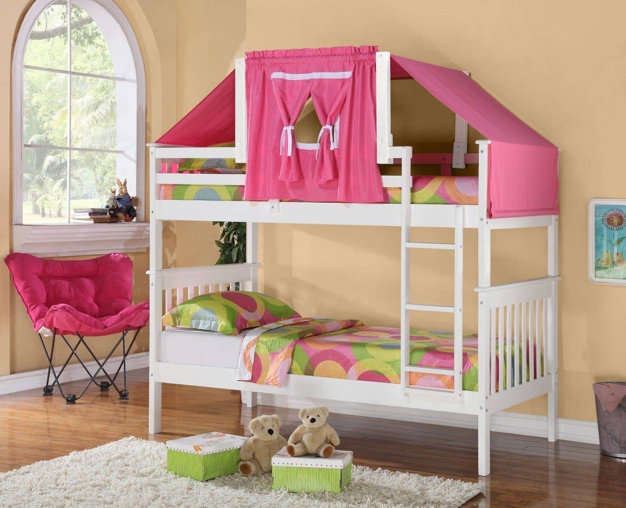 Reagan White Bunk Bed with Pink Tent Custom Kids Furniture