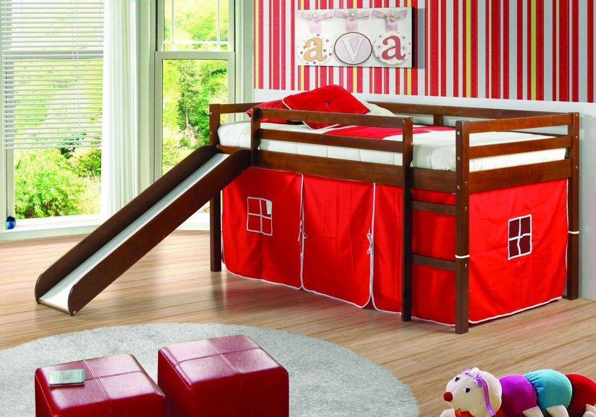 Sebastian Loft Bed with Slide & Red Tent Custom Kids Furniture