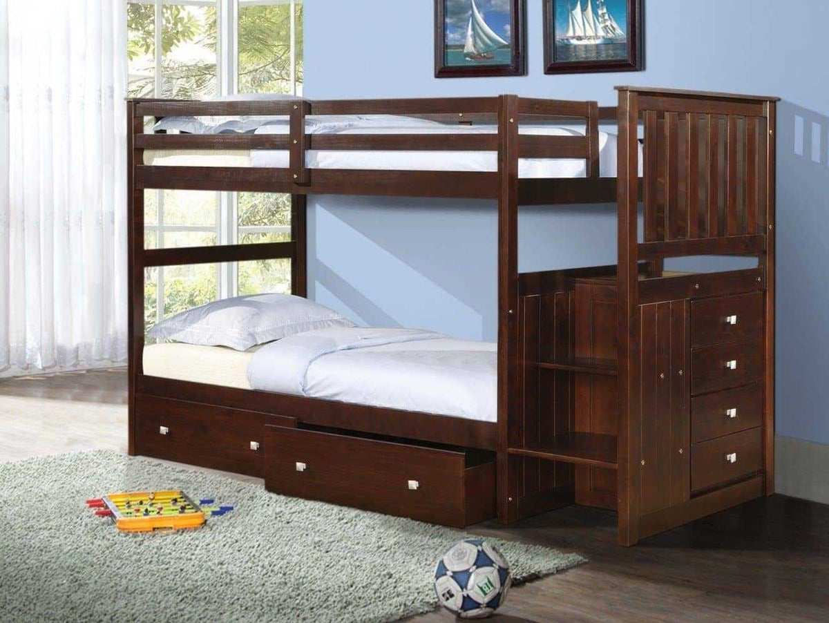 Xander Cappuccino Bunk Bed with Stairs & Storage Custom Kids Furniture