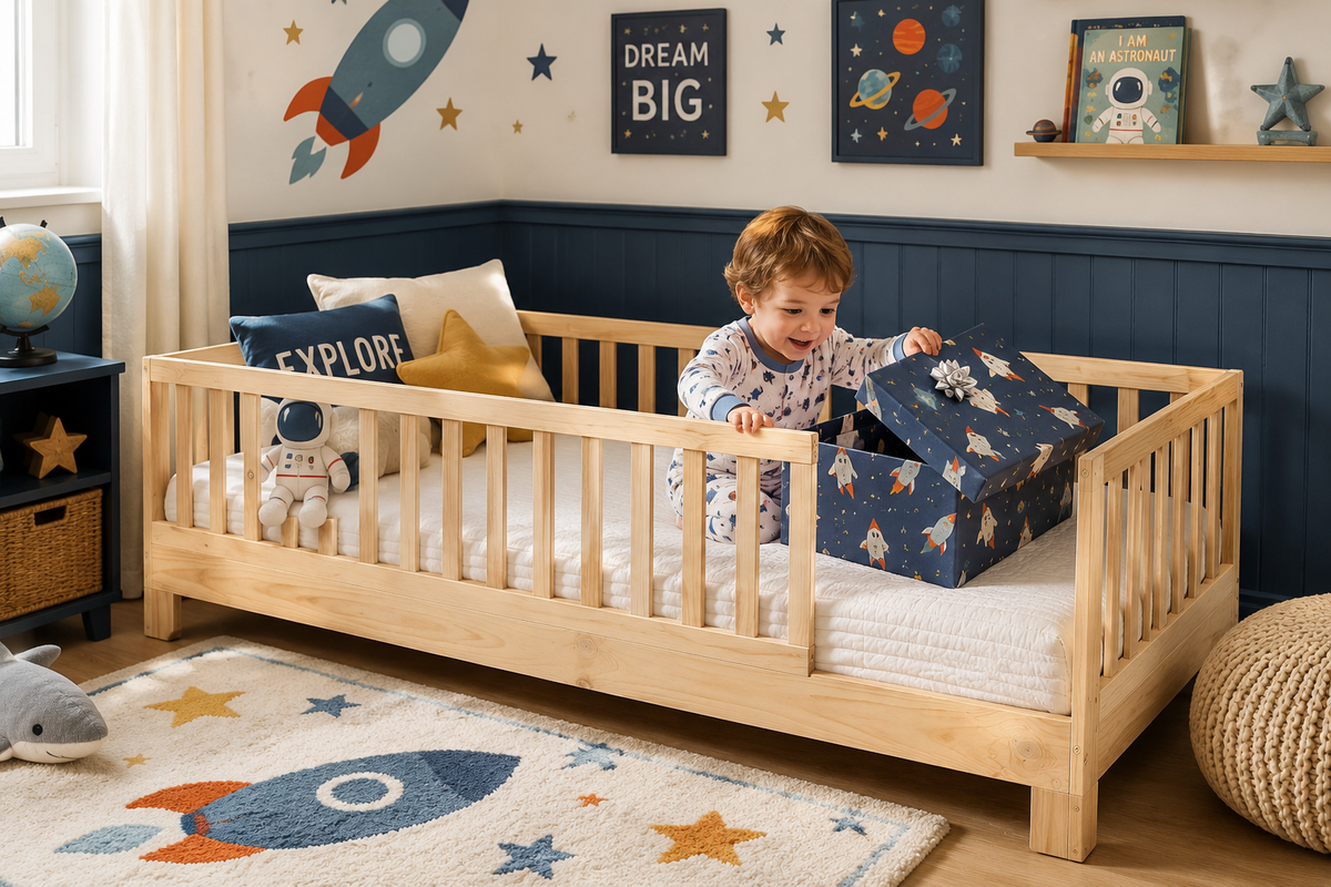 Toddler playing on twin size Montessori floor bed in a space themed boys room