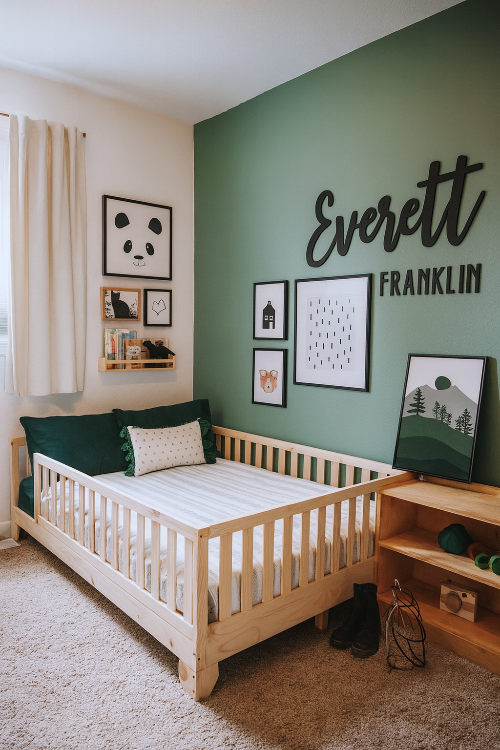 Stylish kids' bedroom with green accent wall and personalized decor.  Featuring a full size toddler floor bed with rails.