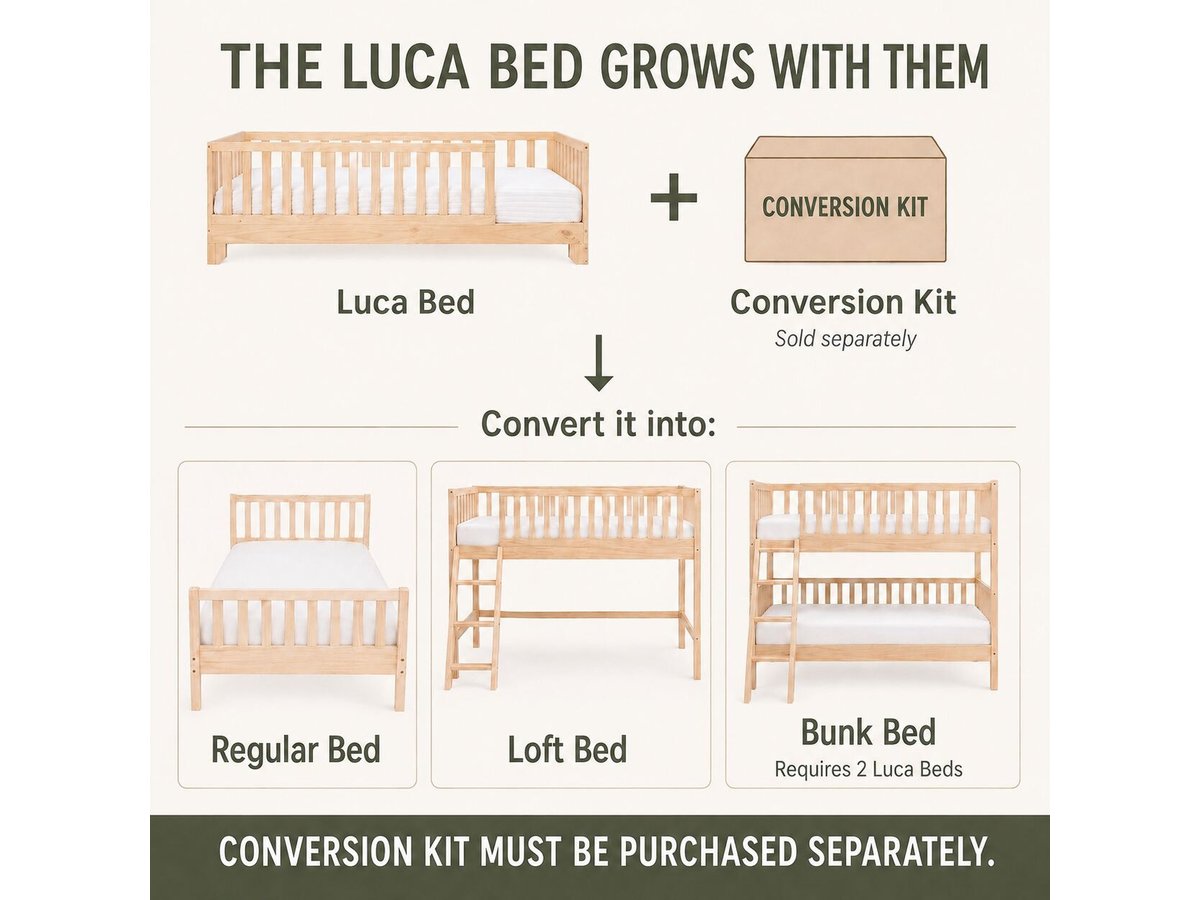 Luca floor bed conversion diagram showing regular bed, loft and bunk options with separately purchased kits