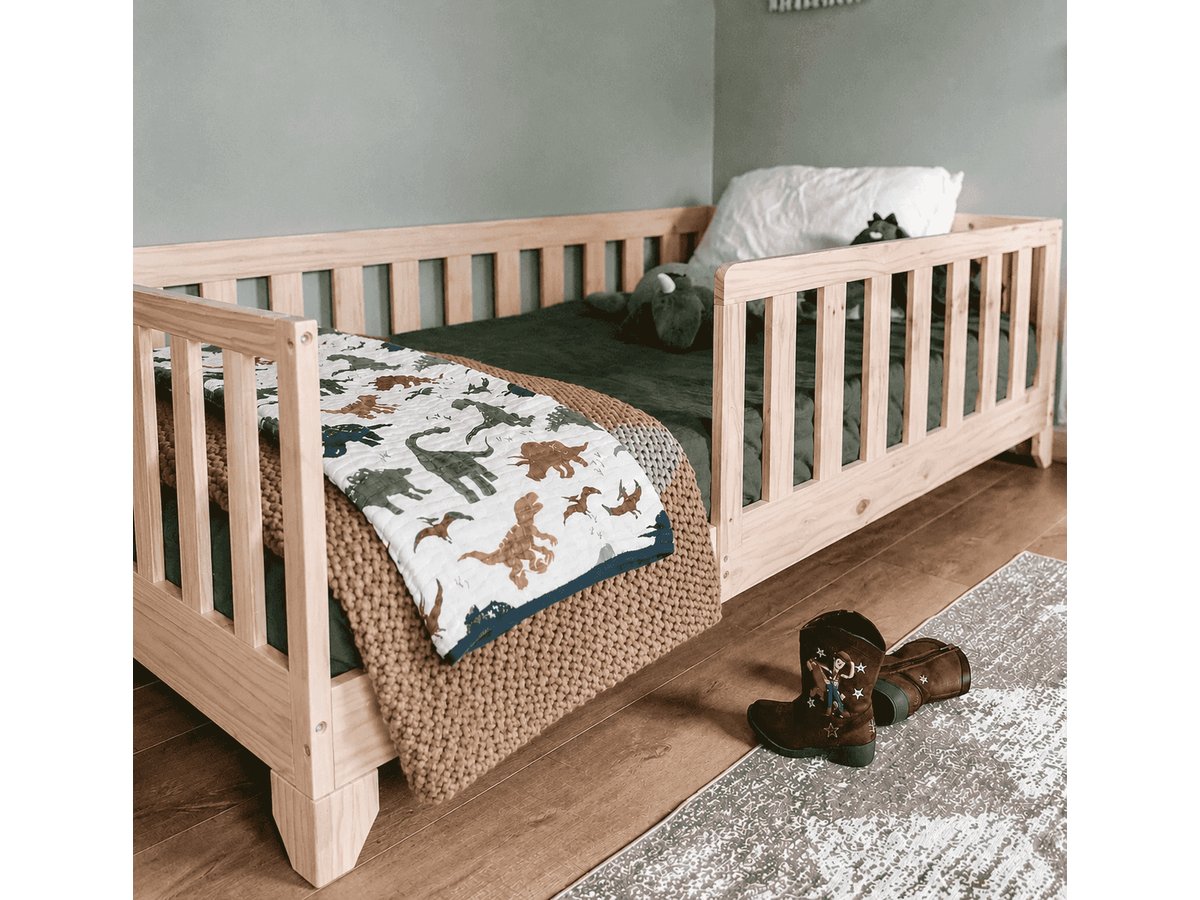 Luca natural twin Montessori floor bed with rails and dinosaur bedding #color_natural