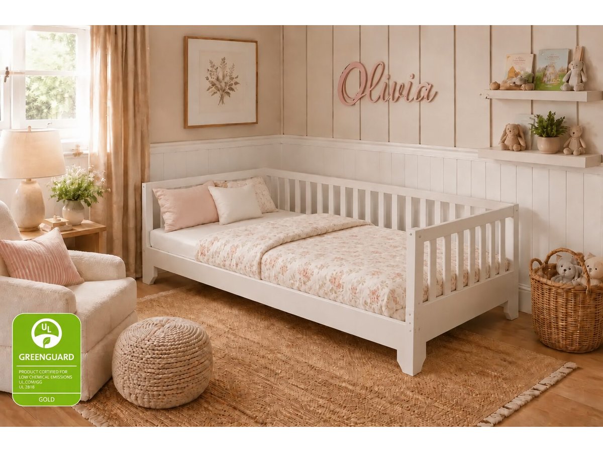 Luca white twin floor bed with front guard rail removed for a daybed configuration #color_white