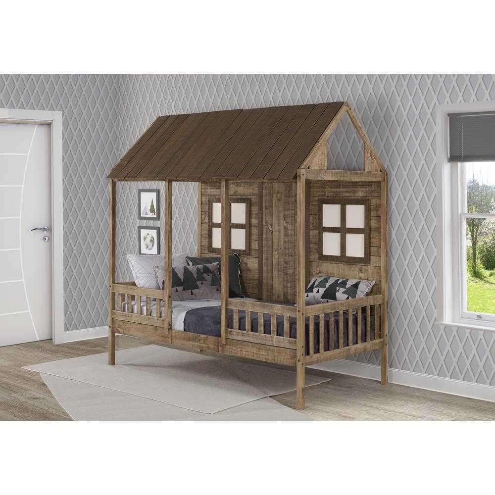 Rustic Brianna Loft Bed for kids in twin size with house-frame design, ideal for small rooms and playful bedroom setups.