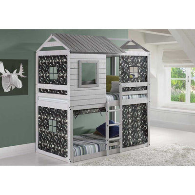 Jackson Fort Bunk Bed with Camo Tent shown in a kids' bedroom, highlighting its rustic wood finish, ladder access, and playful fort-style structure.
