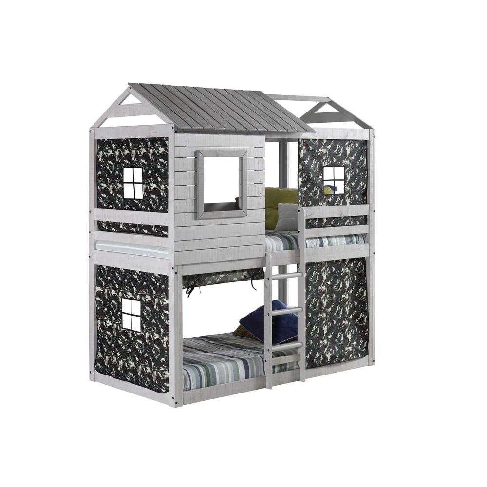 Jackson Fort Bunk Bed with Camo Tent by Custom Kids Furniture featuring a twin-over-twin design with camouflage fabric panels and a house-style frame.