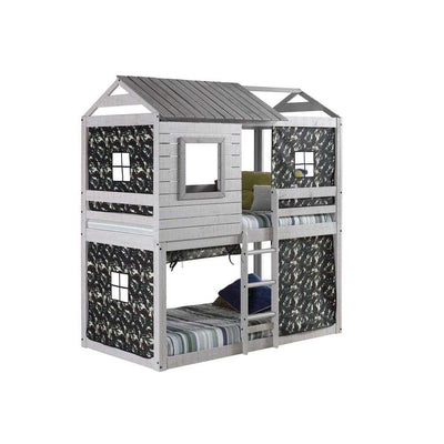 Jackson Fort Bunk Bed with Camo Tent by Custom Kids Furniture featuring a twin-over-twin design with camouflage fabric panels and a house-style frame.
