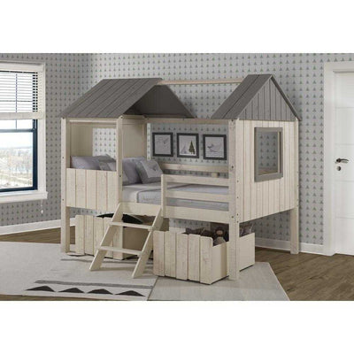 Luna Loft Bed - Functional & Fun House Style | Pine Wood house loft bed with under-bed storage bins, ladder, and charming roof design in a modern kids' room.