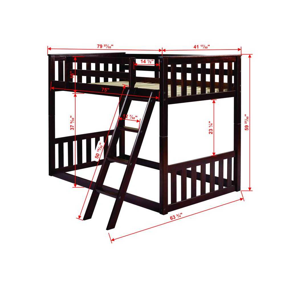 Jace Floor Bunk Bed dimensions diagram showing twin-size layout, ladder angle, and floor-flush bottom bed for compact room fit.