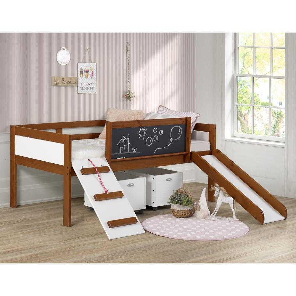 Oliver Low Loft Bed with Slide in walnut finish, featuring white accents, chalkboard panel, ladder, slide, and under-bed storage drawers.