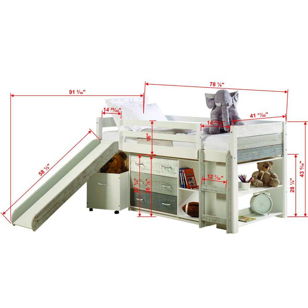 Dimensions of Tyler Loft Bed with Slide and Storage labeled in red, showcasing slide length, bed height, and storage layout for planning bedroom space.