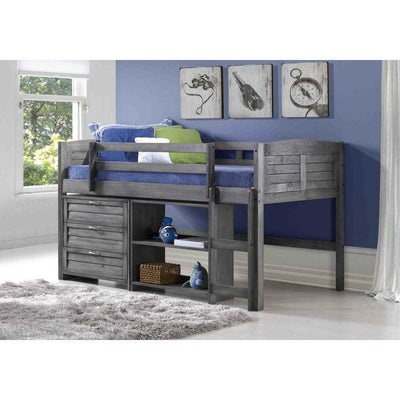 Kids twin loft bed in antique grey with integrated dresser and bookshelves, ideal for organizing bedrooms with limited space.