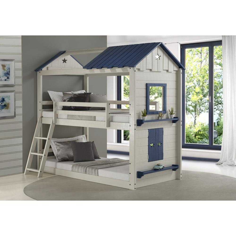Branson Bunk Bed - Fun House Play Bed with two bunks, star cutouts, and A-frame roof in a modern bedroom. Includes ladder and side shelves.