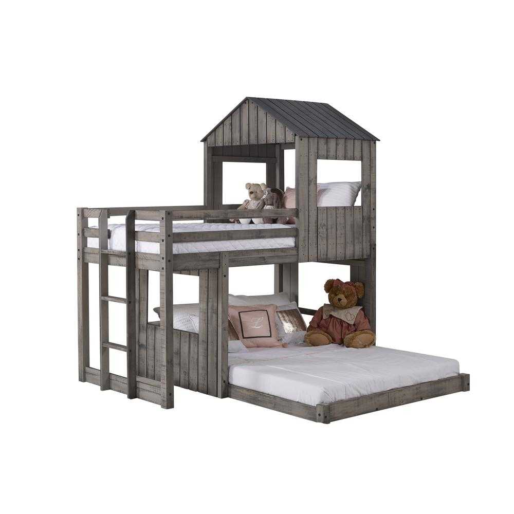 Custom Kids Furniture Rory Twin over Full Camp Out Bunk Bed with wooden frame and playful cabin-style top, perfect for shared or themed kids' rooms.