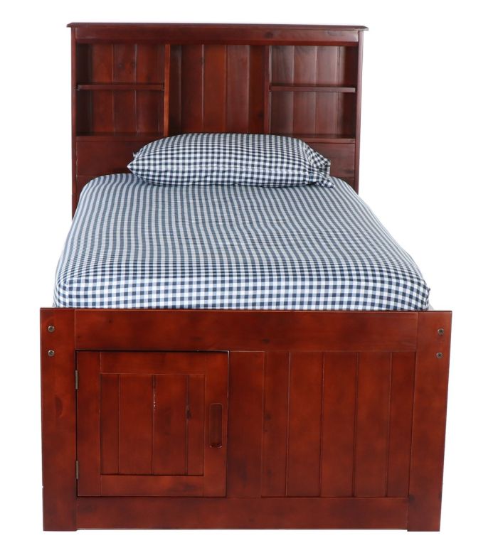 Wooden bookcase bed with storage with bookshelf headboard and checkered bedding on a white background