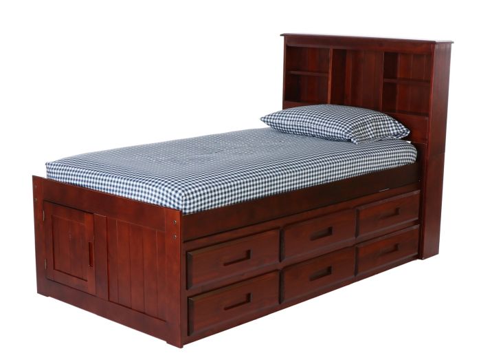 Wooden twin bookcase bed with bookshelf headboard and checkered mattress on a white background
