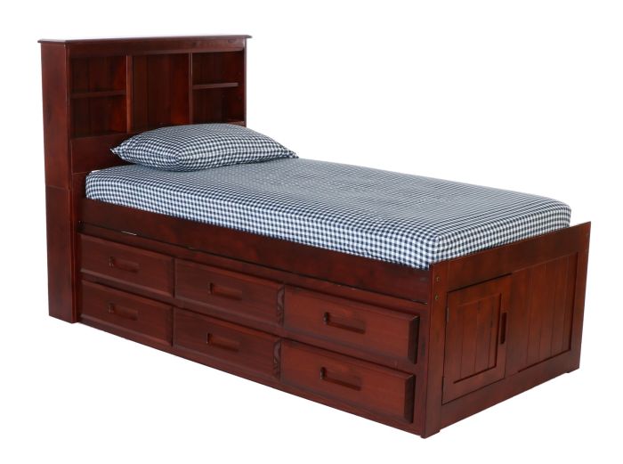 Wooden captains bed with storage drawers and a checkered mattress on a white background