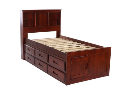 Wooden bed with storage drawers on a white background