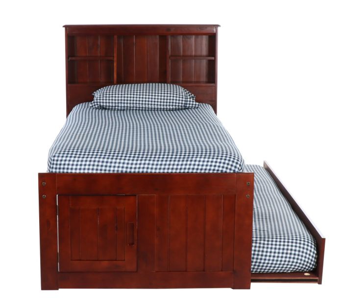 Addison Solid Wood Captains Bed with Three Drawers, Bookcase Headboard, and Trundle