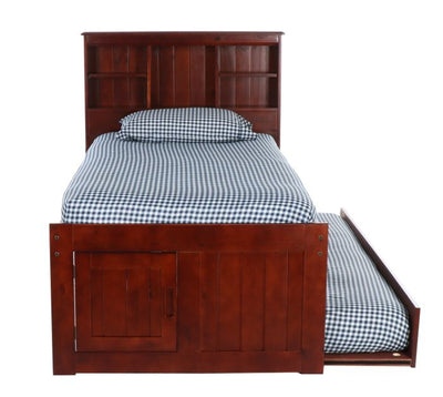 Addison Solid Wood Captains Bed with Three Drawers, Bookcase Headboard, and Trundle